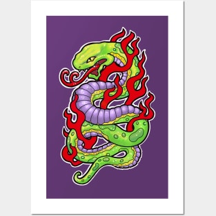 Green and purple snake, with red flames tattoo style Posters and Art